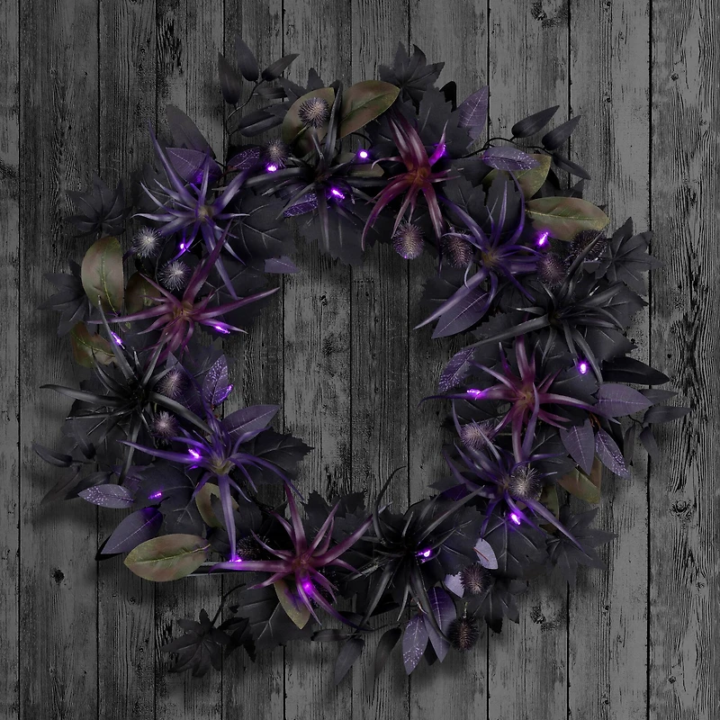 24" Scare in the Air Purple & Black Flower Halloween Pre-Lit LED Wreath