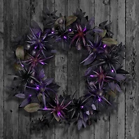 24" Scare in the Air Purple & Black Flower Halloween Pre-Lit LED Wreath
