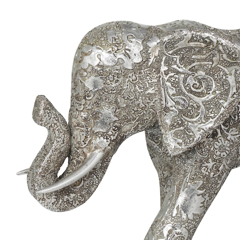 14" Silver Polystone Elephant Floral Engraved Sculpture