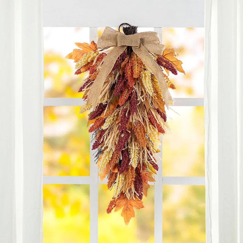 Glitzhome® 28" Fall Sorghum Swag Includes a Black Metal Wreath Hanger