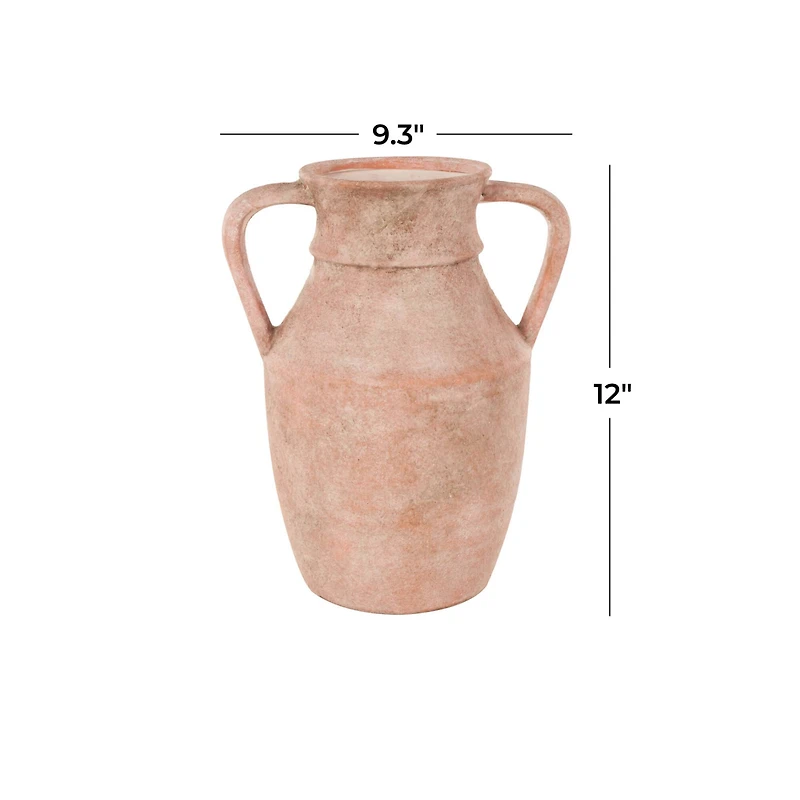 12" Pink Antique-Style Ceramic Vase with Handles