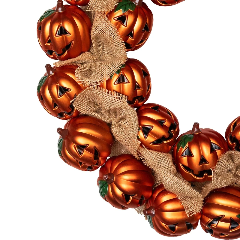 20'' Unlit Jack-O-Lantern and Burlap Ribbon Halloween Wreath
