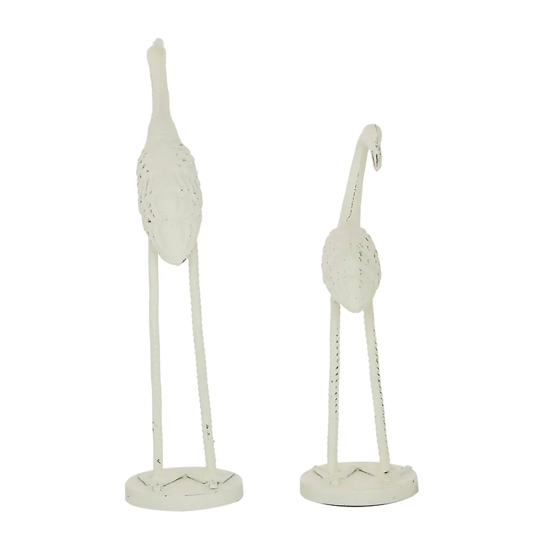 Set of 2 White Metal Coastal Bird Sculpture, 10", 12"