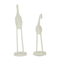 Set of 2 White Metal Coastal Bird Sculpture, 10", 12"