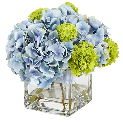 10" Hydrangea Artificial Arrangement in Glass Vase