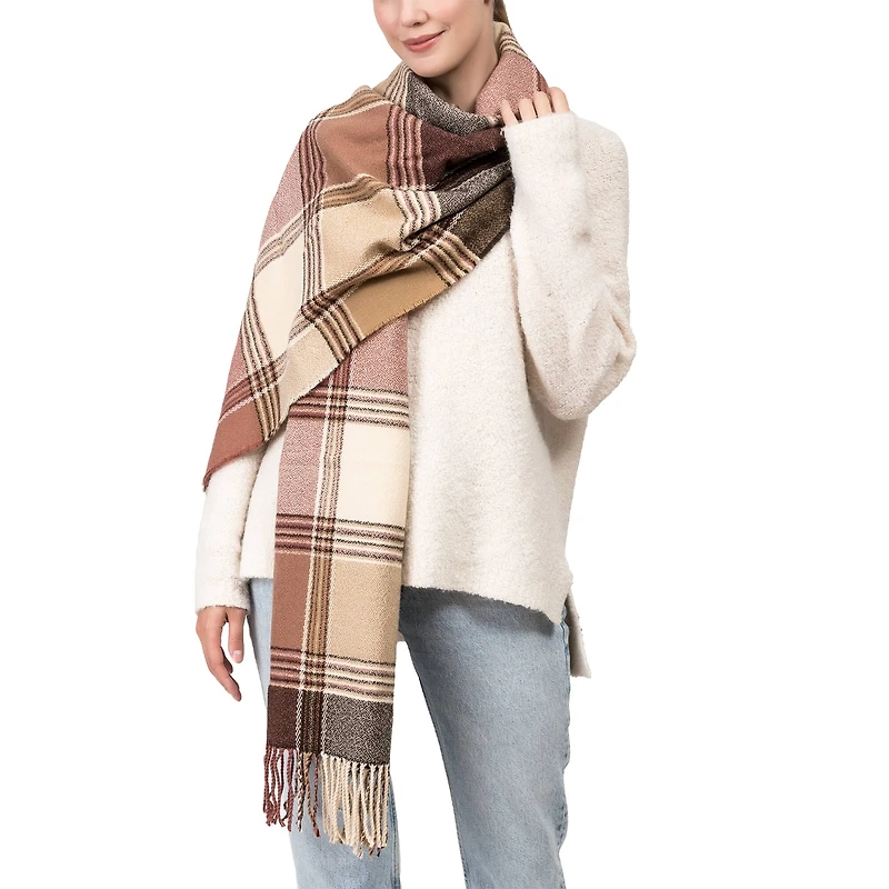 Glitzhome® 77" Pink, Cream & Gray Plaid Scarf with Tassels