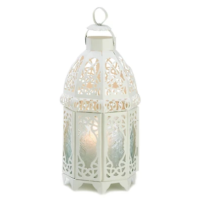12" White Lattice Moroccan Style Candle Lantern
