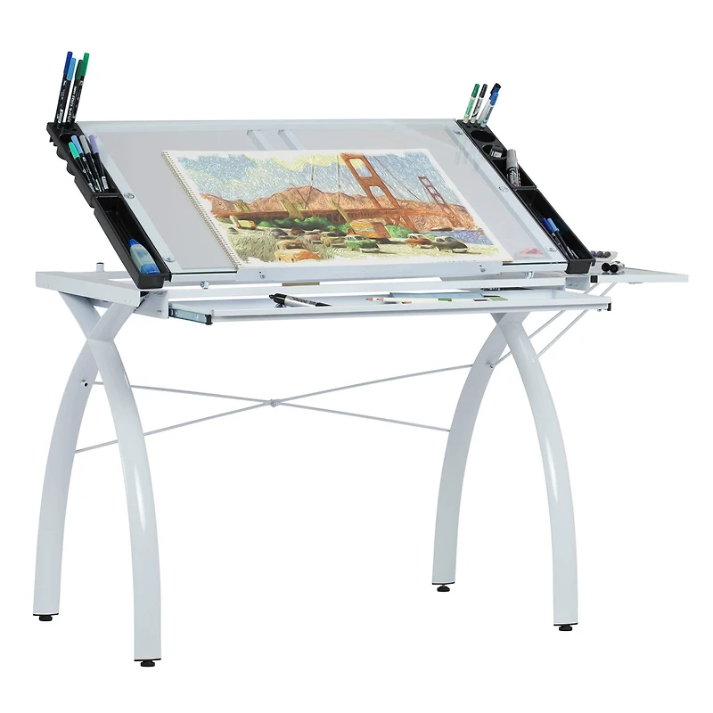 Studio Designs Futura Glass Top Craft Station with Folding Shelf in White