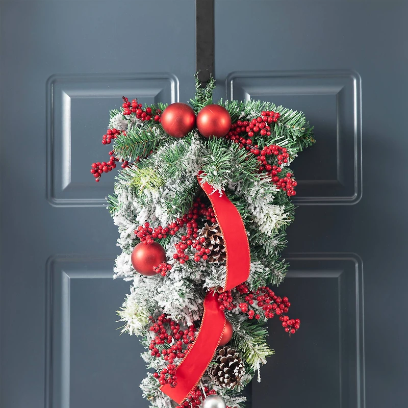 Glitzhome® 25" Flocked Berry, Ornament & Pinecone Ribbon Teardrop