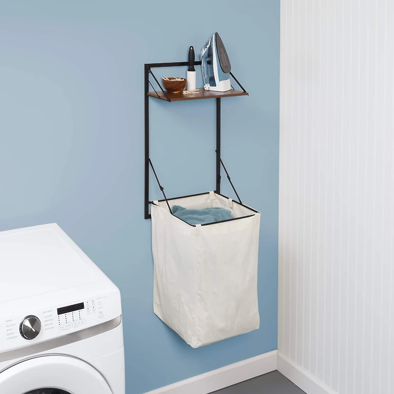 Honey Can Do Black & Walnut Collapsible Wall-Mounted Hamper with Bag and Shelf