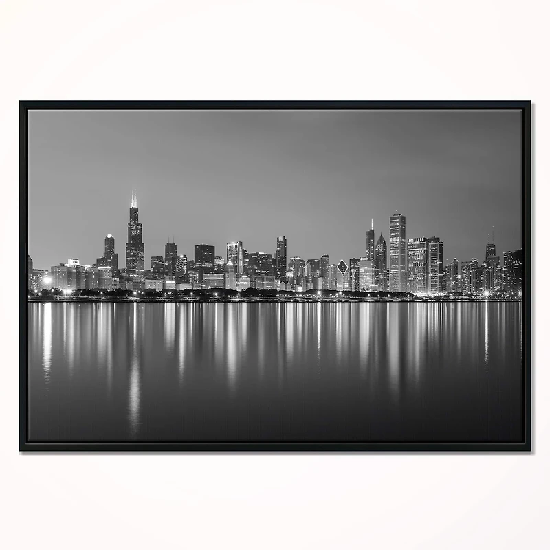 Designart - Chicago Skyline at Night Black and White