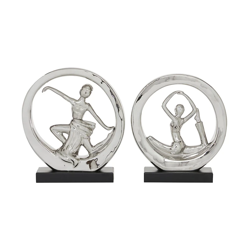 Set of 2 Silver Porcelain Contemporary Yoga Sculpture, 10.5", 11.25"