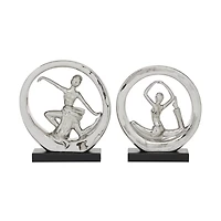 Set of 2 Silver Porcelain Contemporary Yoga Sculpture, 10.5", 11.25"