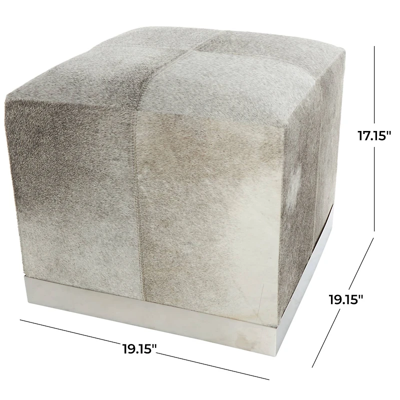17" Gray Leather Patchwork Pouf with Silver Metal Base