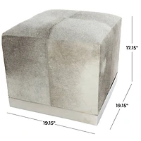 17" Gray Leather Patchwork Pouf with Silver Metal Base