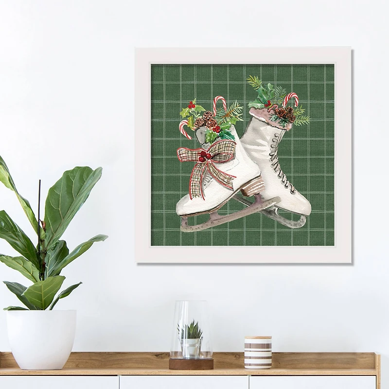 Green Christmas Ice Skates Framed Canvas Wall Art