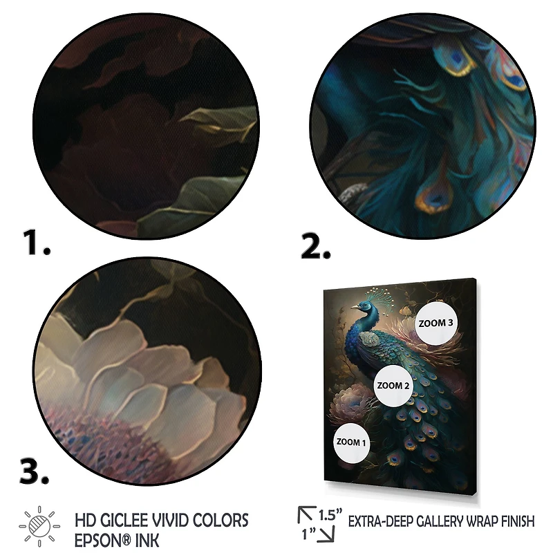 Designart 'Peacock With Flowers' Animals Canvas Wall Art