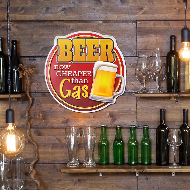 Beer is Cheaper than Gas Embossed Shaped Metal Wall Sign