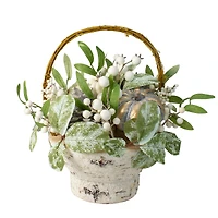 13" Green & Gold Artificial Pumpkin & Leaf Basket Arrangement