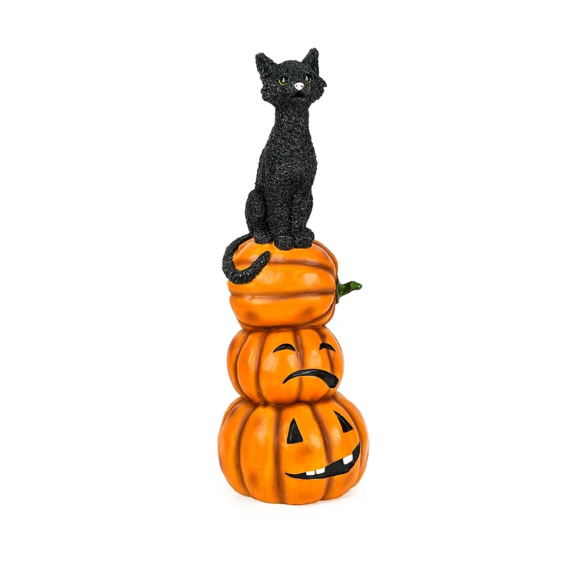 32" Halloween Black Cat & Pumpkins Stack