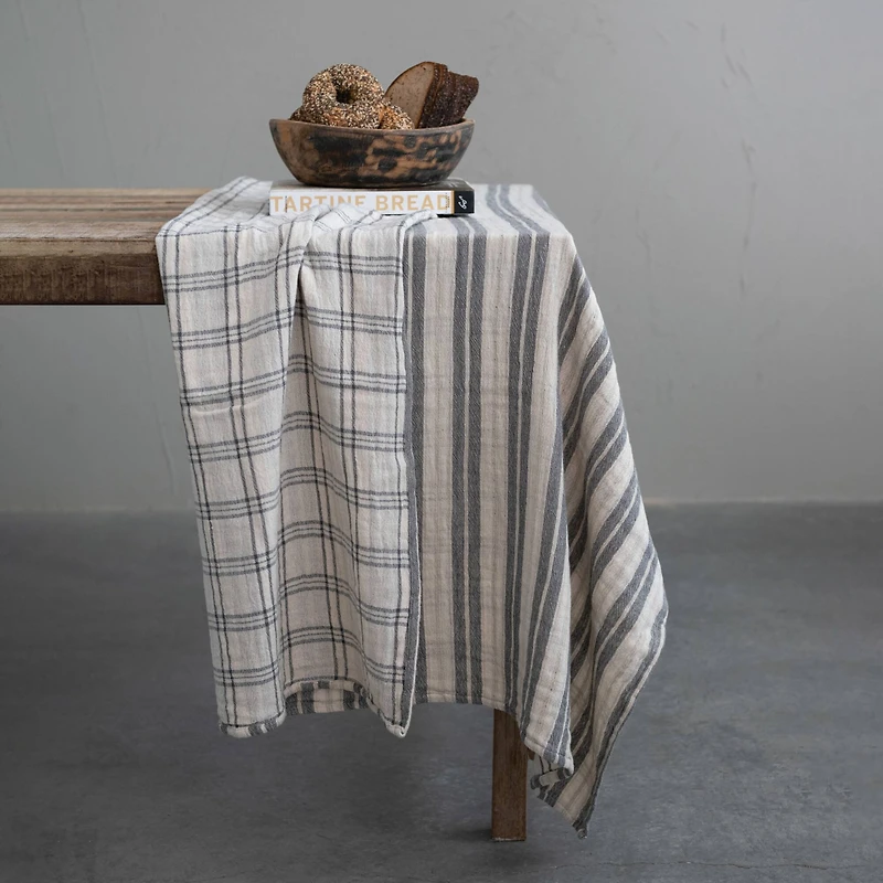 Hello Honey® 60" Cream & Charcoal Plaid Cotton Two-Sided Double Cloth Tablecloth
