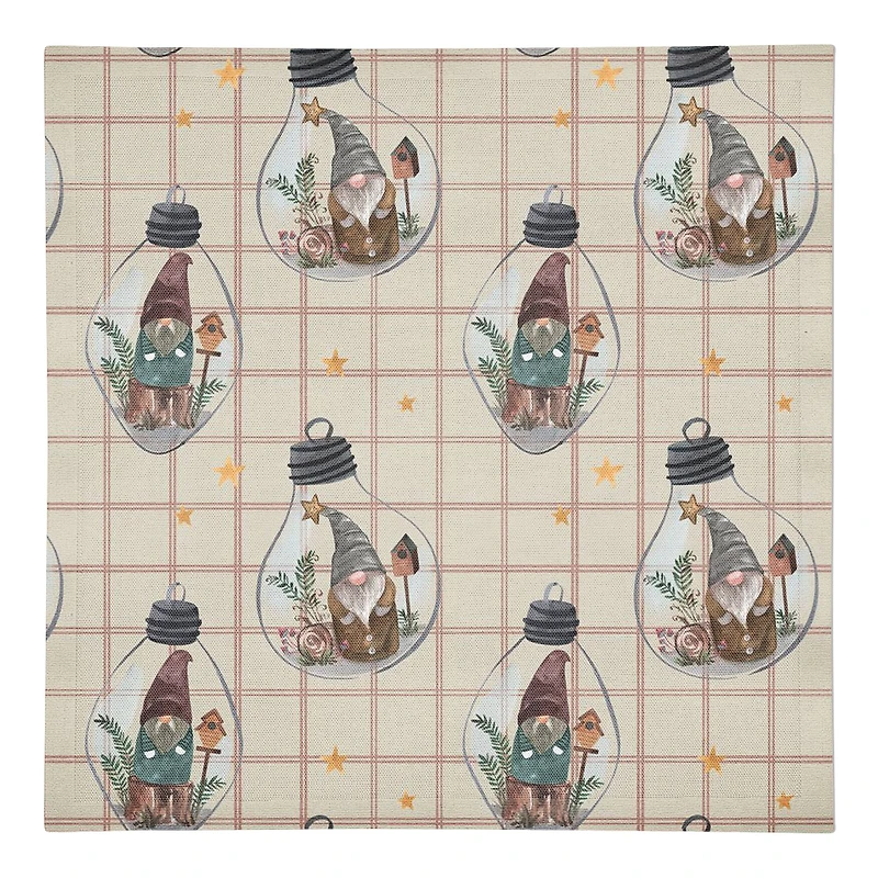 Cream & Red Check Gnome Globe Pattern Cotton Twill Napkin