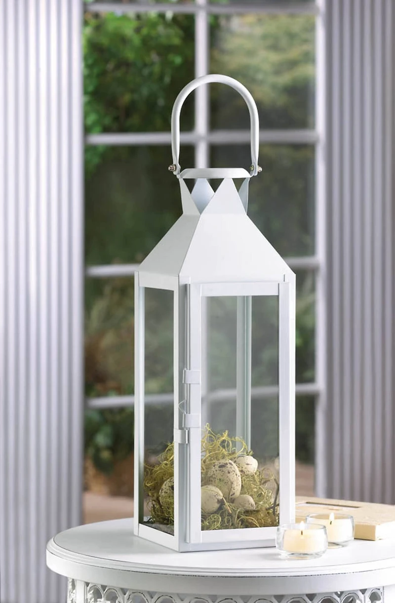 15" Sleek White Metal Manhattan Candle Lantern with Handle