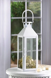 15" Sleek White Metal Manhattan Candle Lantern with Handle