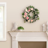 24" Pink Spring Camellia, Baby's Breath & Rose Wreath