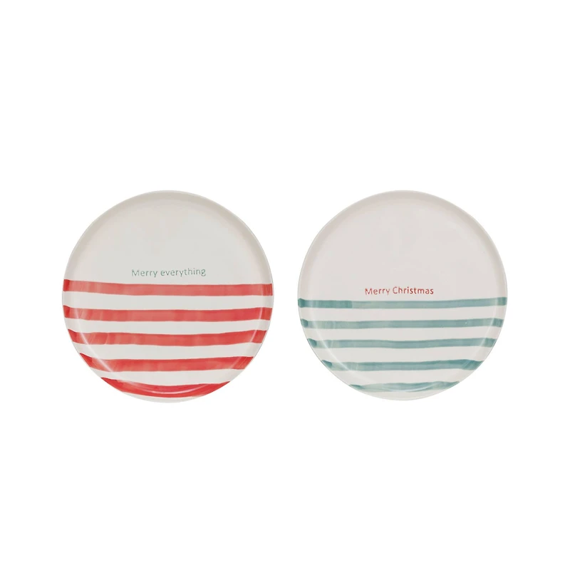 Hello Honey® 8.25" Round Hand-Painted Stoneware Plate with Stripes & Holiday Saying Set