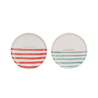 Hello Honey® 8.25" Round Hand-Painted Stoneware Plate with Stripes & Holiday Saying Set