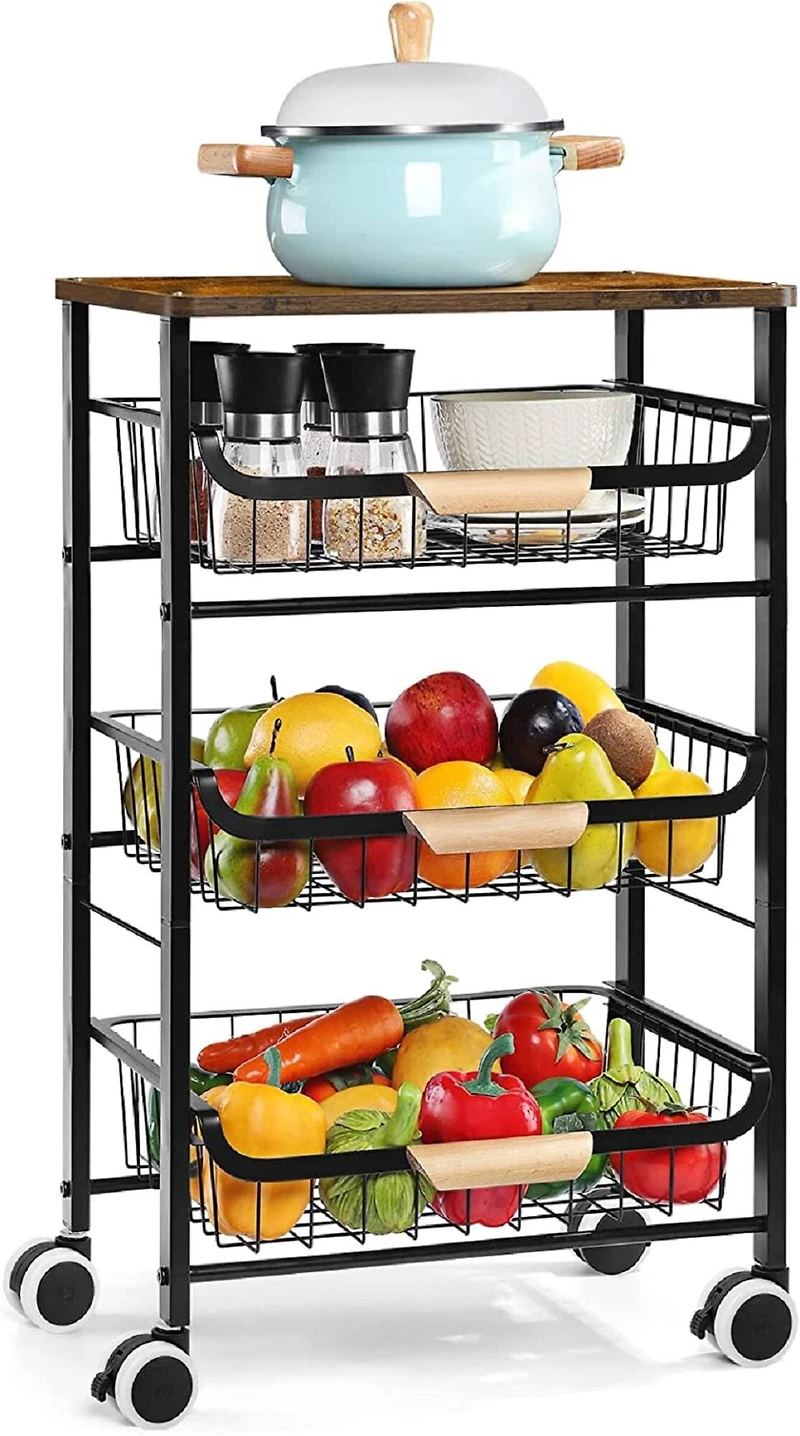Black Fruit Storage Basket Kitchen Rolling Cart