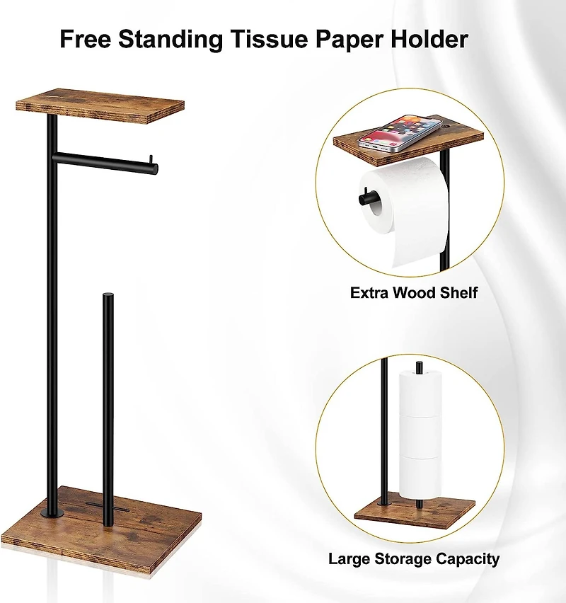 Black Freestanding Toilet Paper Holder Stand with Shelf