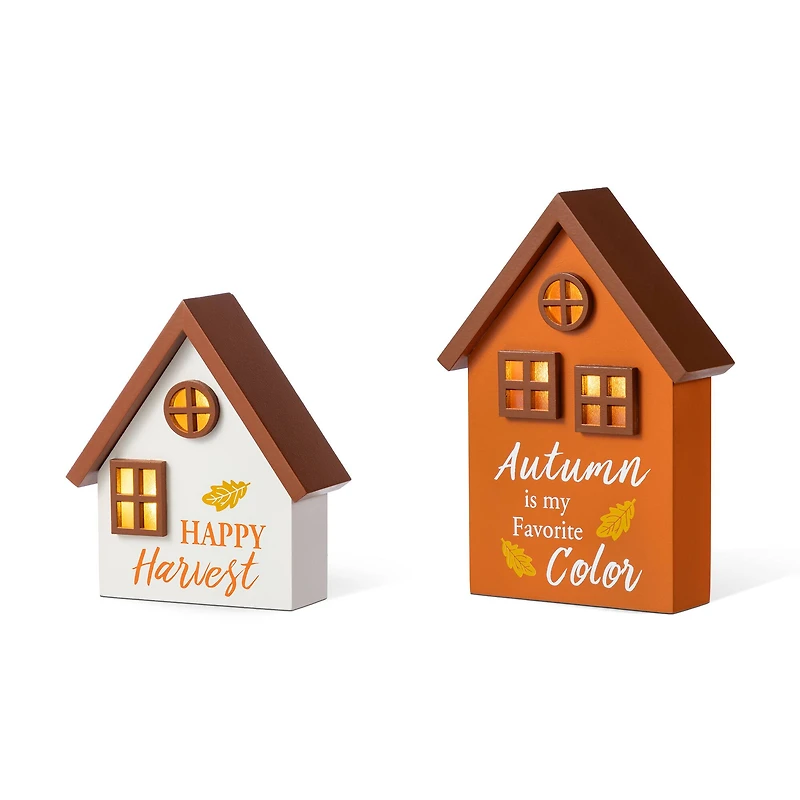 Glitzhome® Lighted Fall Wooden House-shaped Table Decor Set