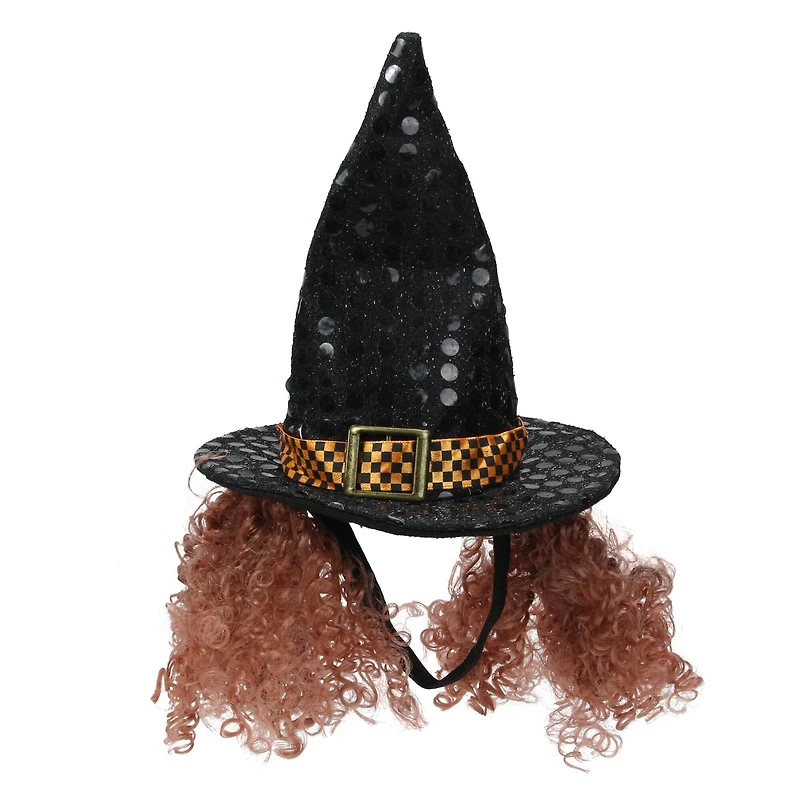 5.5" Black and Orange Shiny Polka Dotted and Checkered Pet Animal Witches Hat and Curly Hair Halloween Costume