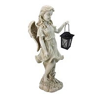 21" Graceful Weathered Ivory Standing Angel with Tealight Candle Lantern Outdoor Garden Statue