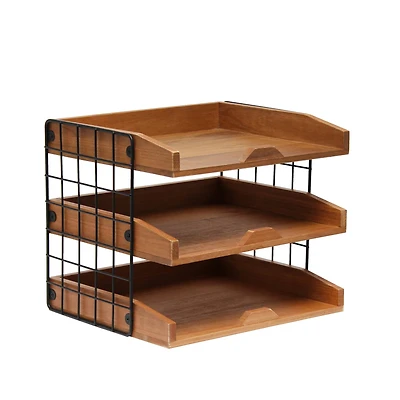 Elegant Designs Natural Wood Desk Organizer Letter Tray with 3 Shelves