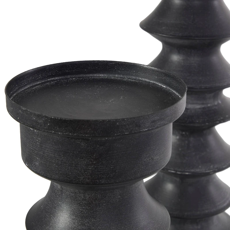Black Metal Turned Style Pillar Candle Holder with Brown Wood Bases Set