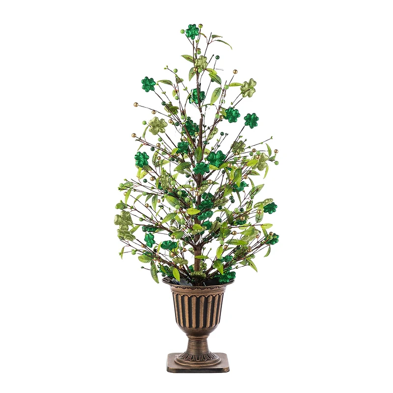 Glitzhome® 36" Lighted St. Patrick's Shamrock Urn Porch Tree with Timer