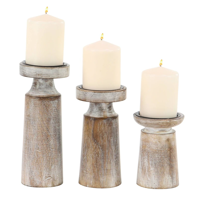 Brown Mango Wood Natural Candle Holder Set