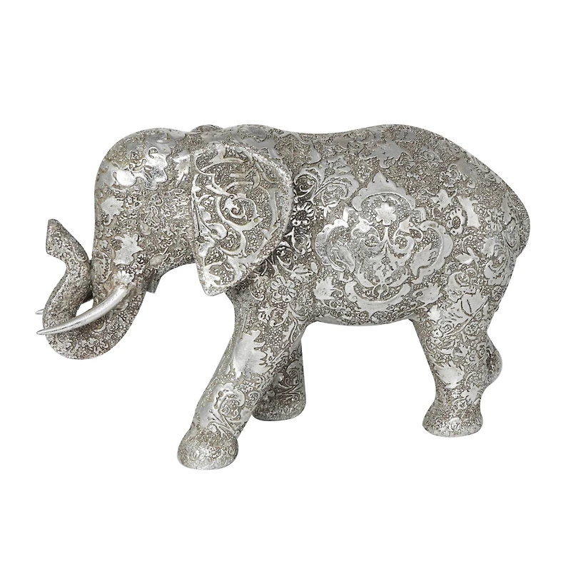 14" Silver Polystone Elephant Floral Engraved Sculpture
