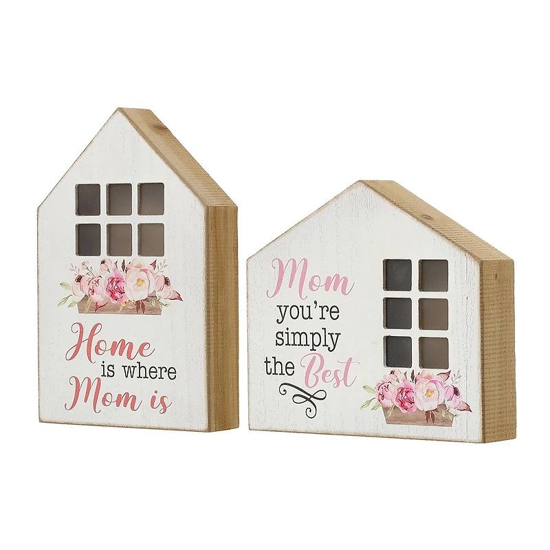Glitzhome® Lighted Wood Mother's Day House Shaped Table Sign Set