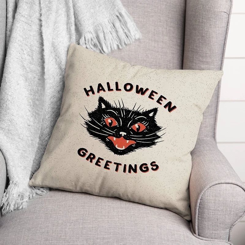 Retro Black Cat Halloween Greetings Throw Pillow