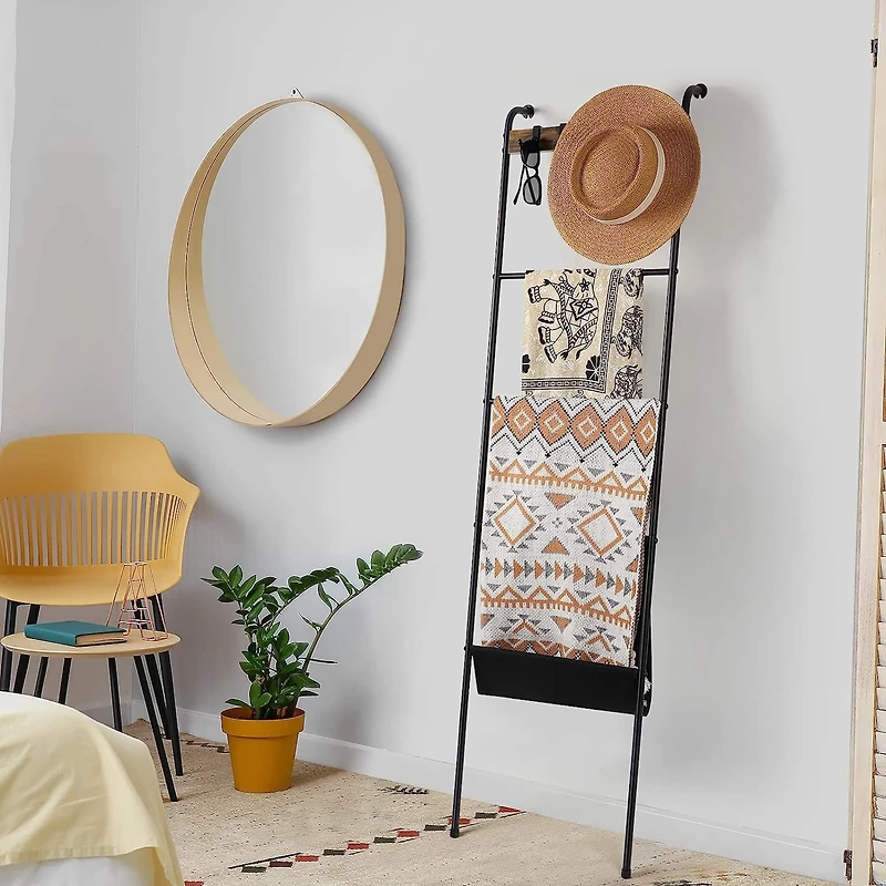 NEX™ 64.5" Farmhouse Decorative Ladder with 5 Hooks & Pocket