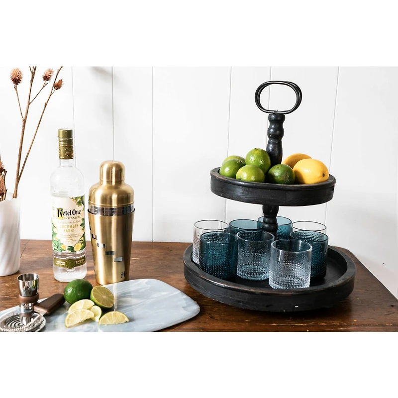 Hello Honey® 18.5" Distressed Black Wood 2-Tier Tray