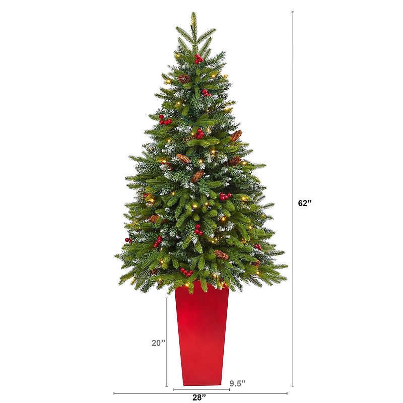 5ft. Pre-Lit Snow Tipped Portland Spruce Artificial Christmas Tree  in Red Tower Planter, Clear LED Lights