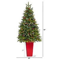 5ft. Pre-Lit Snow Tipped Portland Spruce Artificial Christmas Tree  in Red Tower Planter, Clear LED Lights
