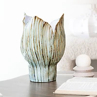 Hello Honey® 12" Green & White Pleated Sculptural Stoneware Vase with Reactive Glaze