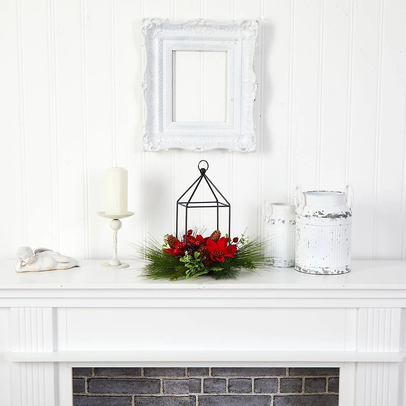 14" Christmas Poinsettia, Berry & Pinecone Metal Candle Holder Artificial Table Arrangement