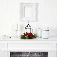 14" Christmas Poinsettia, Berry & Pinecone Metal Candle Holder Artificial Table Arrangement